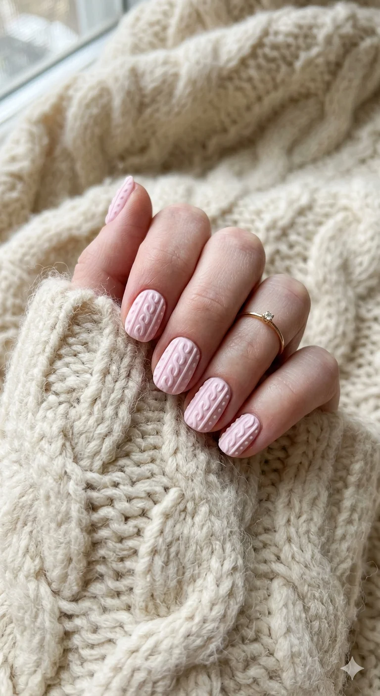 Short Square Pastel Pink All-Over Knit — Sweater Nails