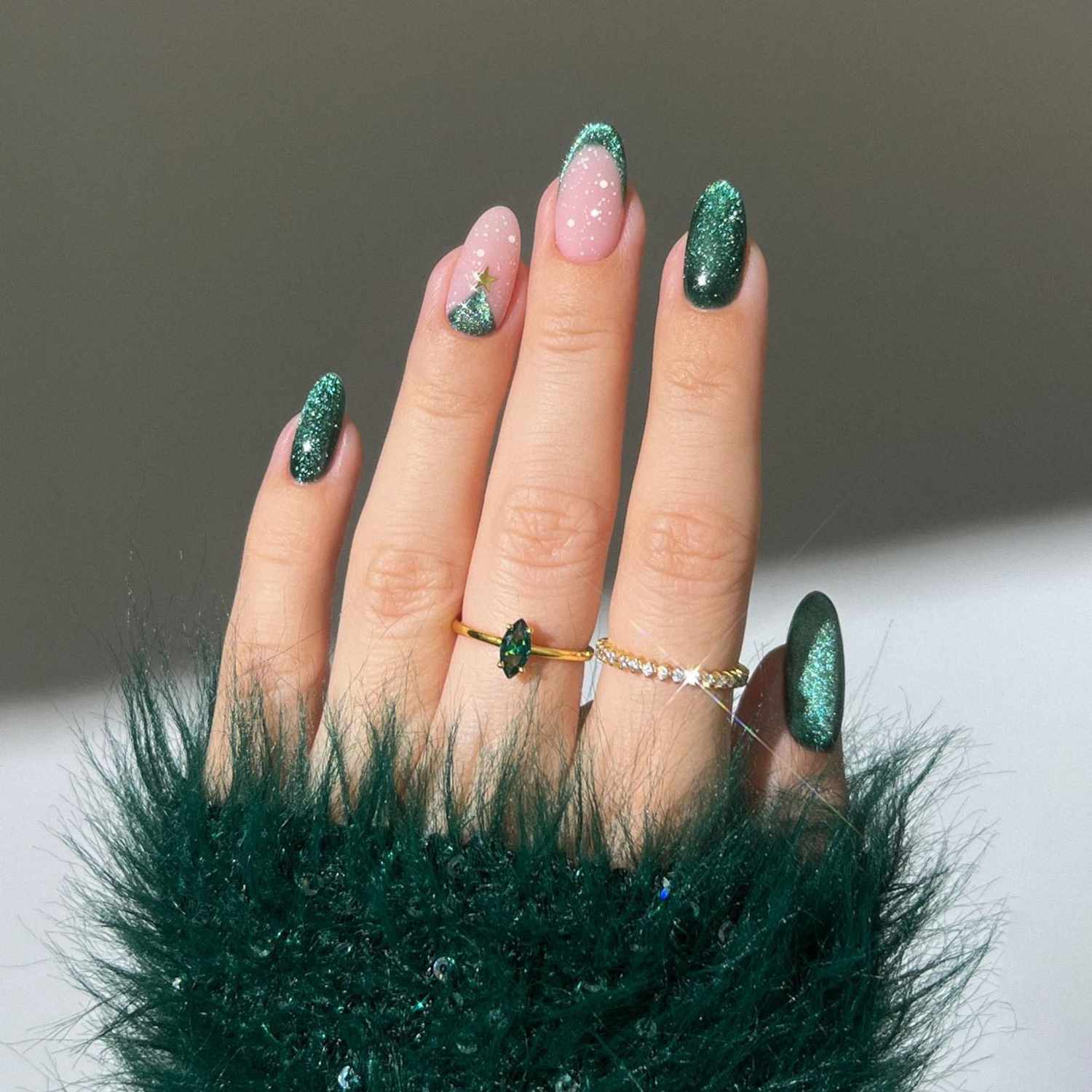 Emerald Glitter Gradient with Sheer Pink French and Tree — Green Christmas Nails 2026