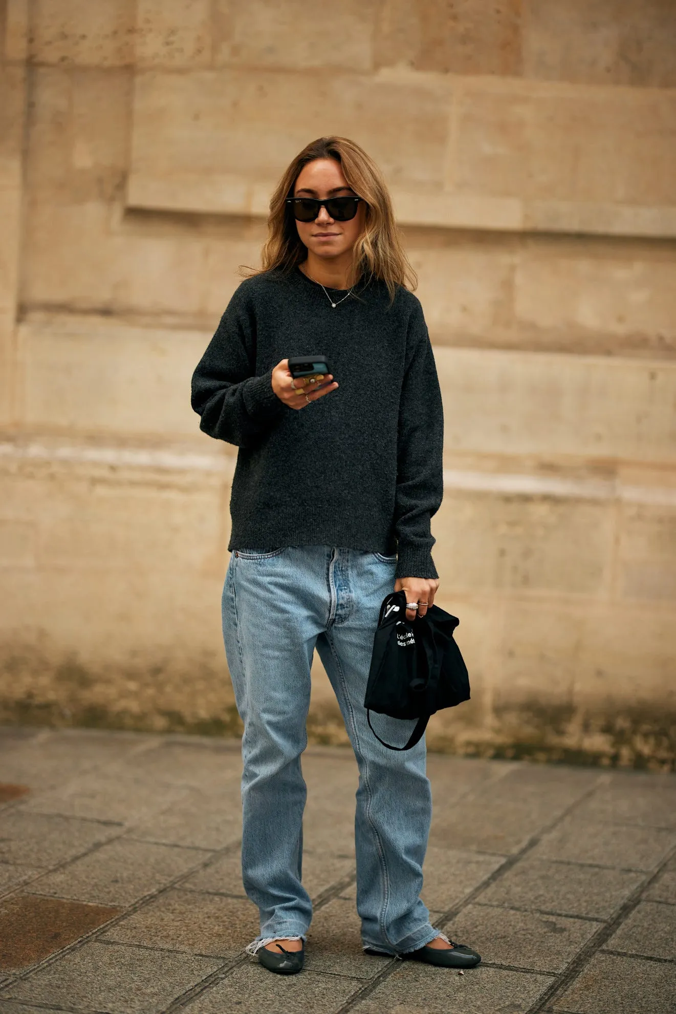 Casual Edge: Distressed Hem Jeans with Knit and Flats — Winter Outfits with Wide Leg Jeans