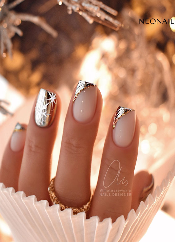 Gold Foil Snowflake French Tips — Simple Winter Nails