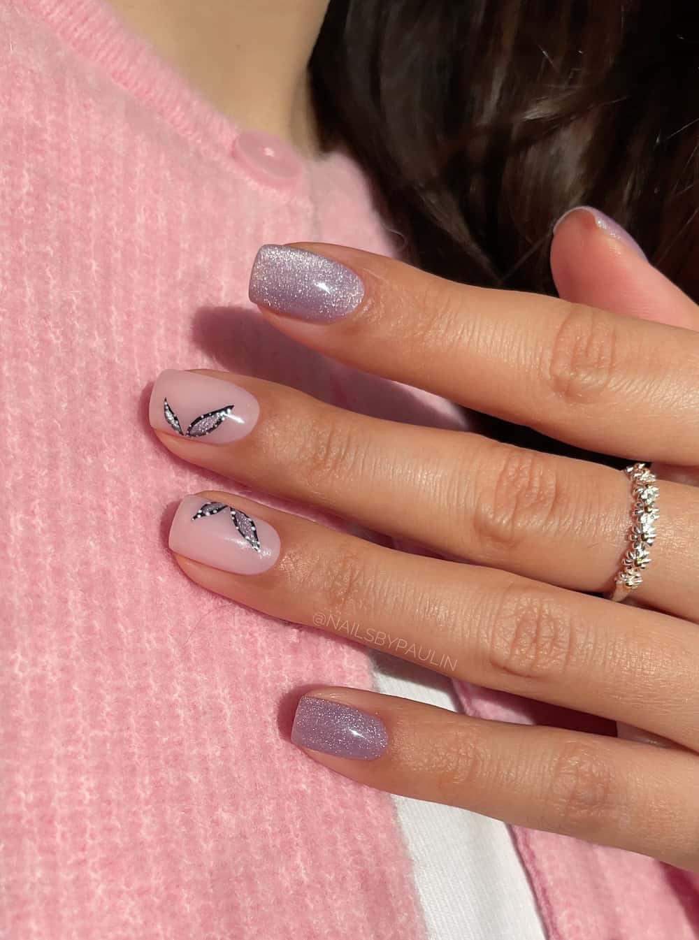 Glossy And Glitter Shimmer Visual Idea — Winter to Spring Transition Nails