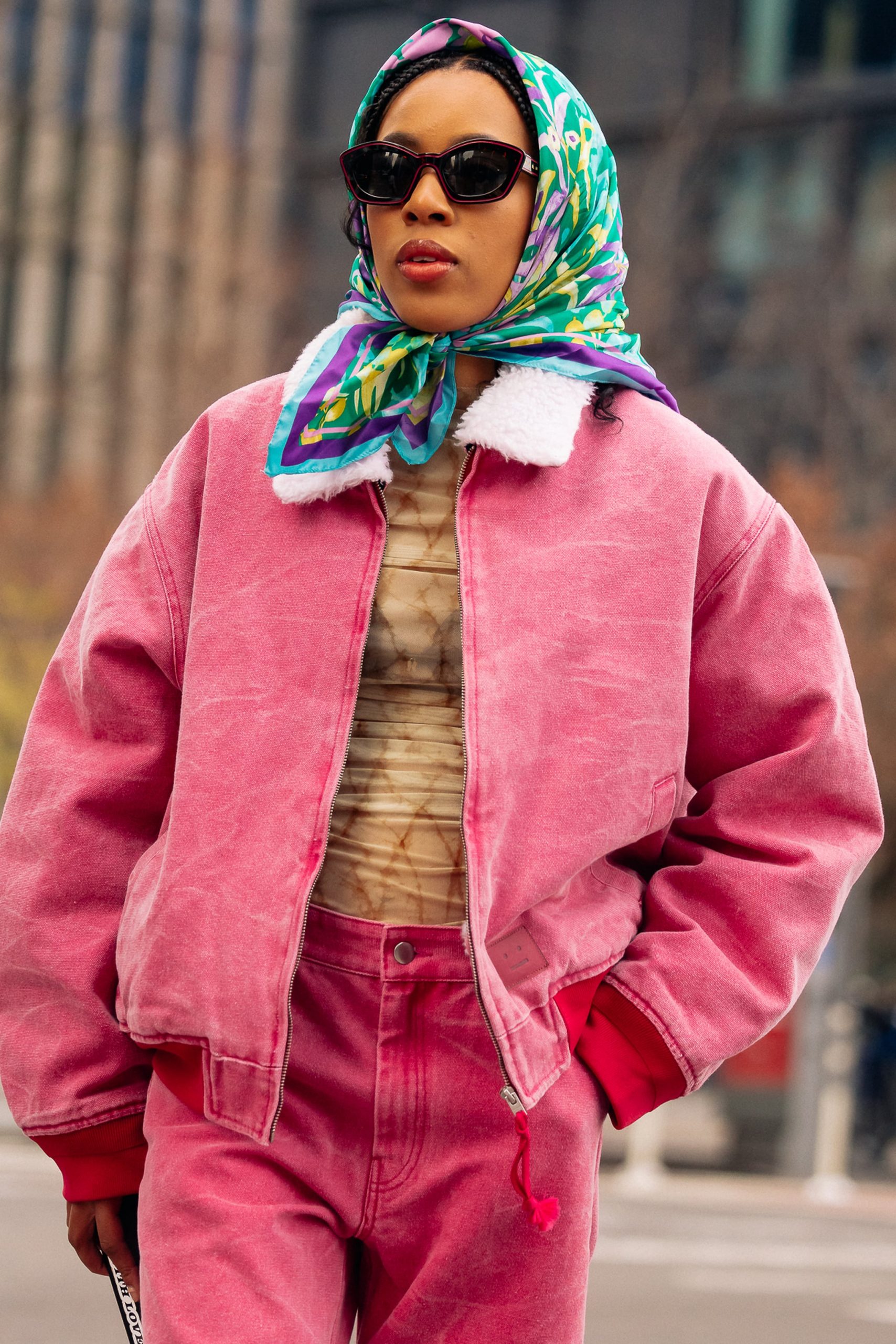 Pink Denim Bomber with Shearling Collar Pink Denim Bomber with Shearling Collar β Warm Winter Outfits