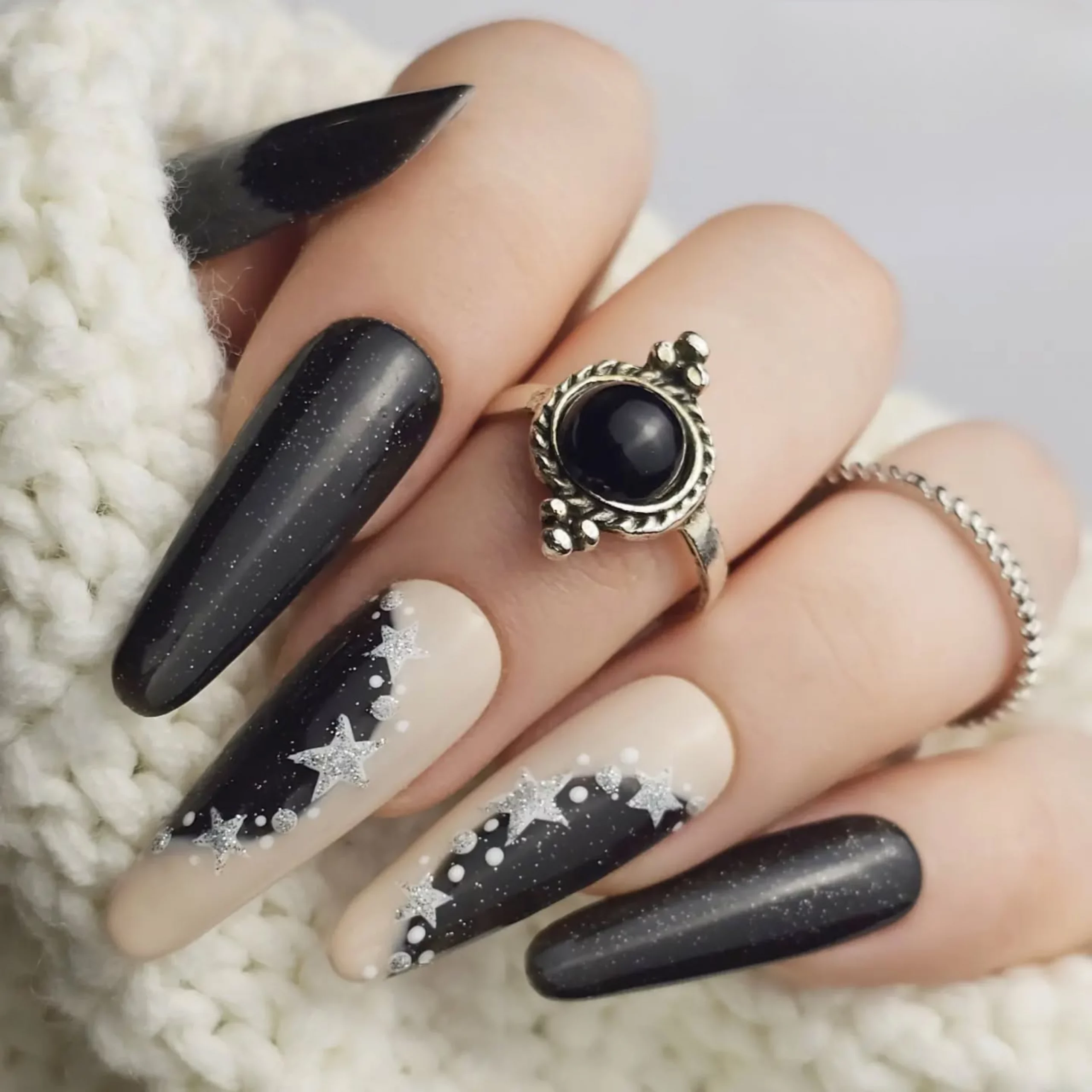 Celestial Star Dot Coffin Nails — Winter Nail Art