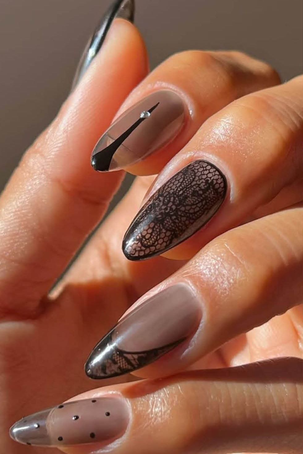 Sheer Nude Black Lace Almond Nails — Winter Acrylic Nail Colors