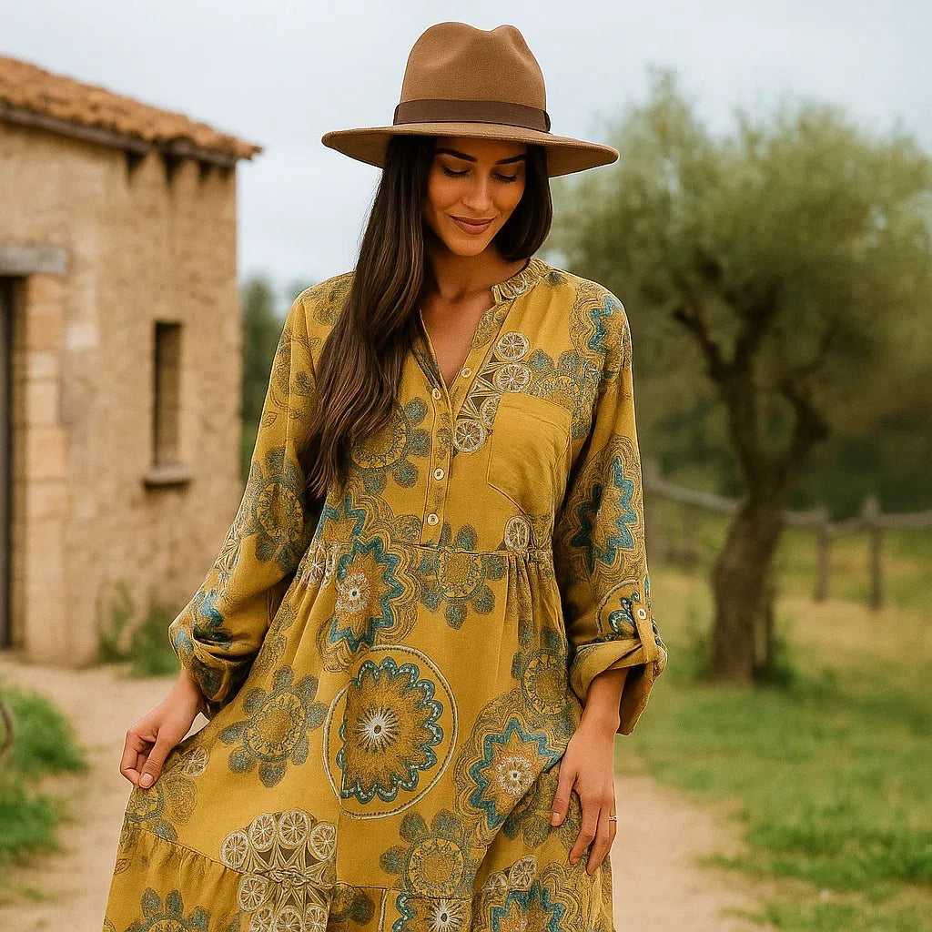 Ochre Yellow Printed Maxi Dress with Fedora for a Boho Vibe — Boho Winter Outfits