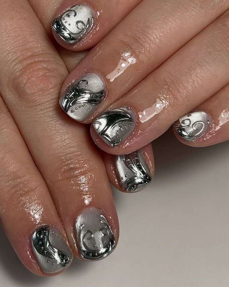 Intricate Silver Swirls on Short Nails Intricate Silver Swirls on Short Nails β Silver Chrome Nails