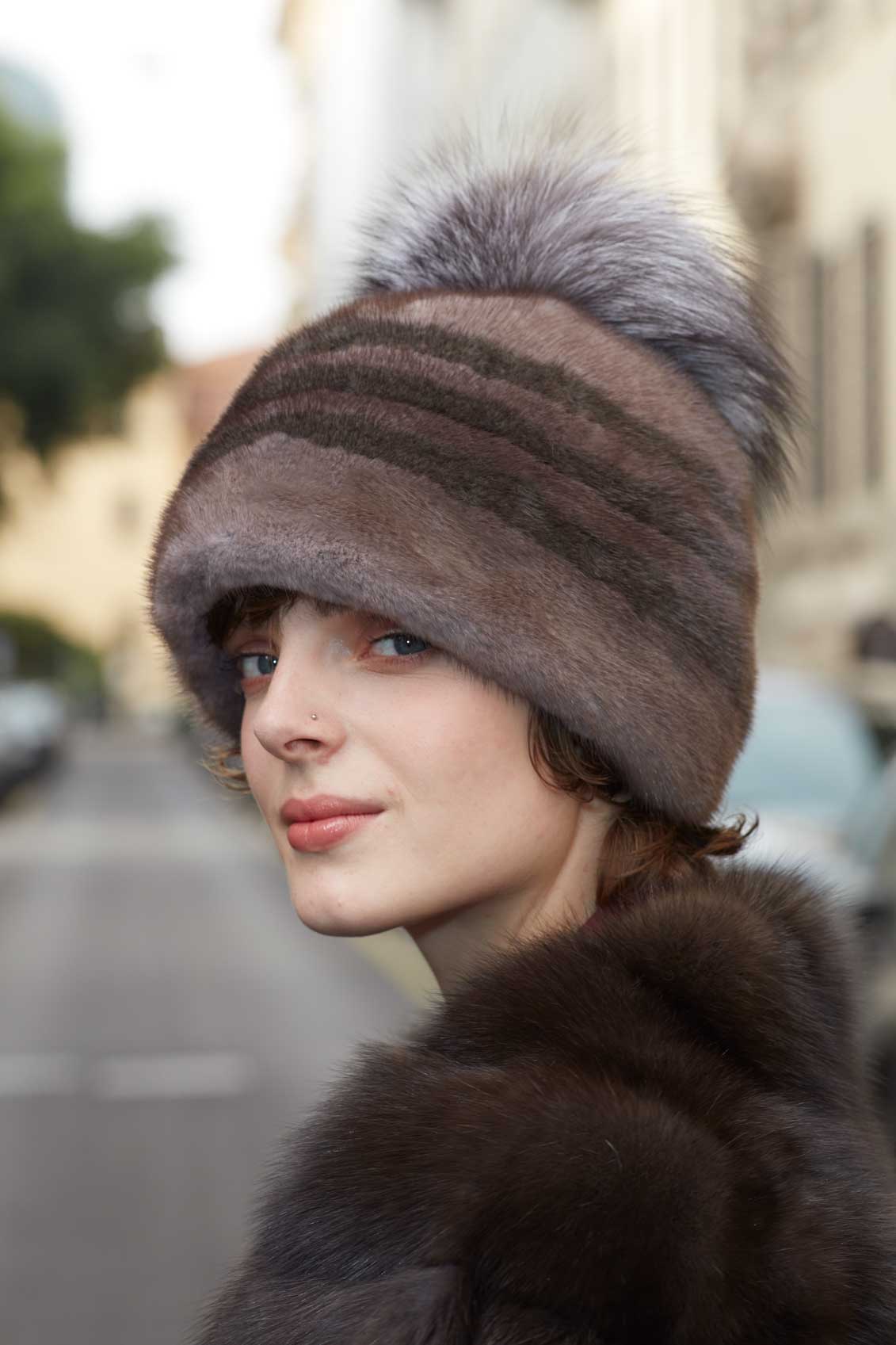 Striped Fur Hat and Jacket Combination — Fur Hat Outfits