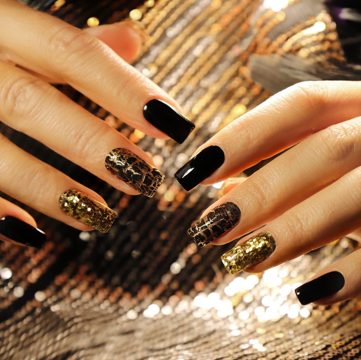 Black and Gold Foil Accent Square Nails Black and Gold Foil Accent Square Nails β New Years Eve Nails 2027
