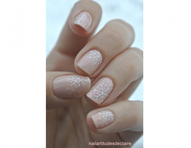 Short Square Sheer Nude with Delicate Snowflakes Short Square Sheer Nude with Delicate Snowflakes β Snowflake Nails