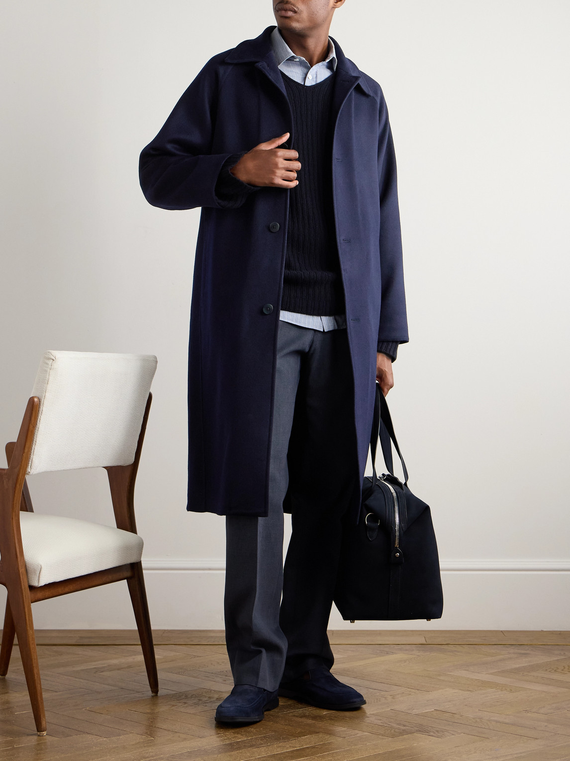 Navy Car Coat with Sweater and Grey Trousers — Car Coat Outfits