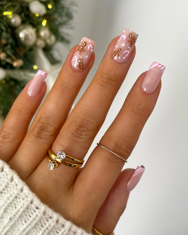 Sheer Pink Gingerbread Candy Cane French Tips Sheer Pink Gingerbread Candy Cane French Tips β Medium Christmas Nails 2026