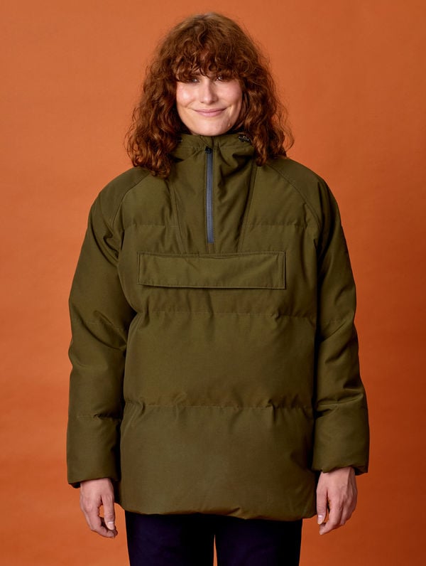 Olive Green Puffer Jacket with White Sneakers — Minimalist Winter Outfits