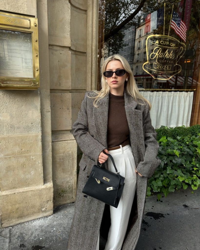 Herringbone Wool Coat with Brown Turtleneck and White Trousers — Old Money Winter Outfits