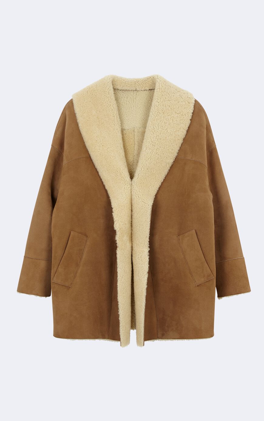 Tan Suede Reversible Coat with Wide Shearling Lapel — Shearling Coat Outfits