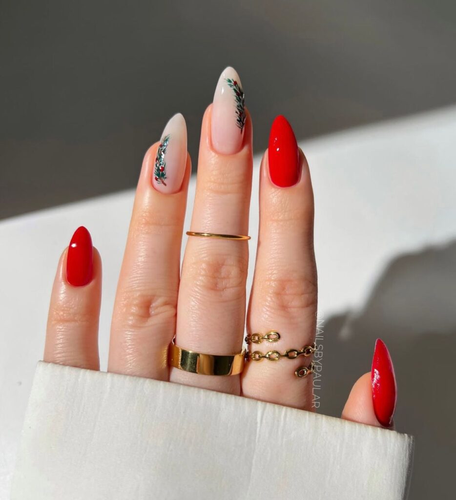 Red Opaque with Green Sprig Almonds Red Opaque with Green Sprig Almonds β Christmas Nails 2026