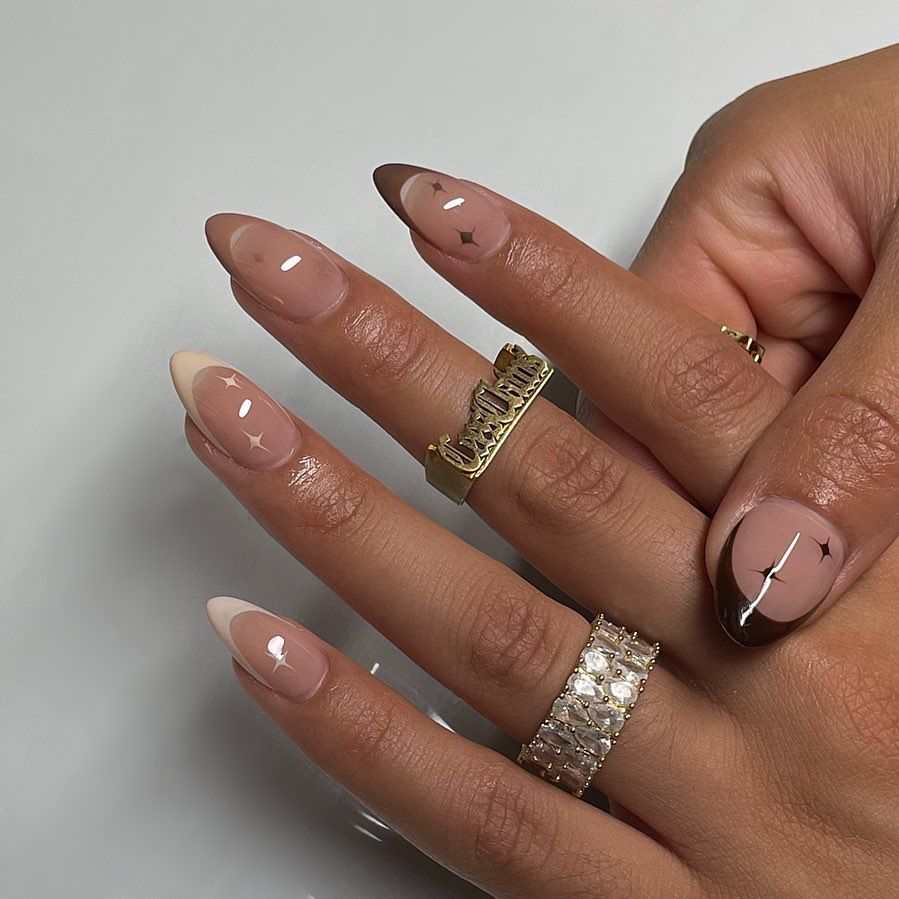 Medium Almond Sheer Nude Deep Brown French — Mocha Nails