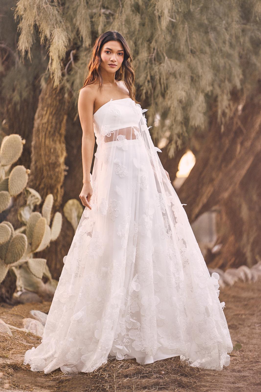 White Floral Appliqué Skirt with Sheer Overlay — Winter Wedding Guest Outfits