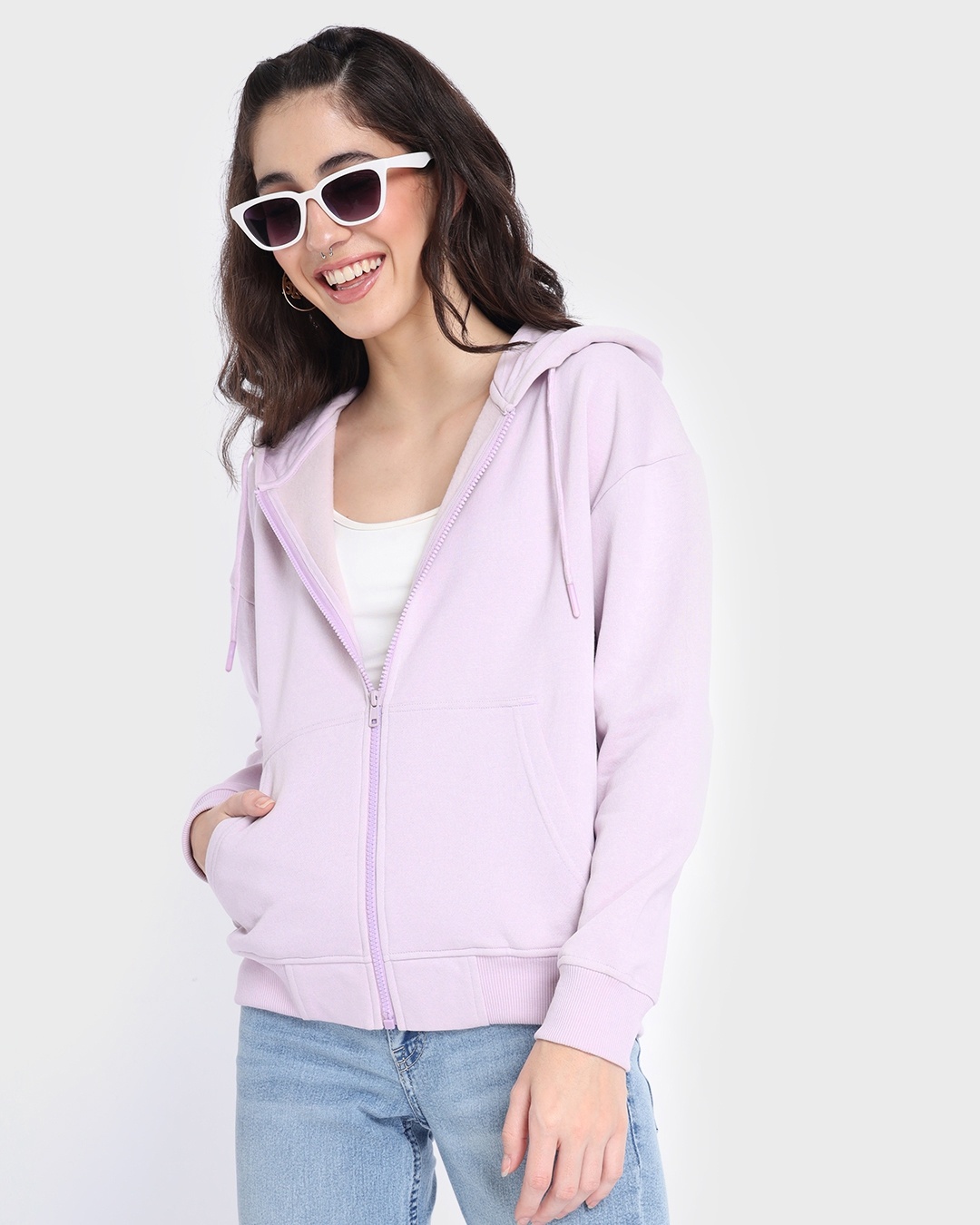 Light Pink Zip-Up Hoodie with Denim Jeans — Hoodie Outfits
