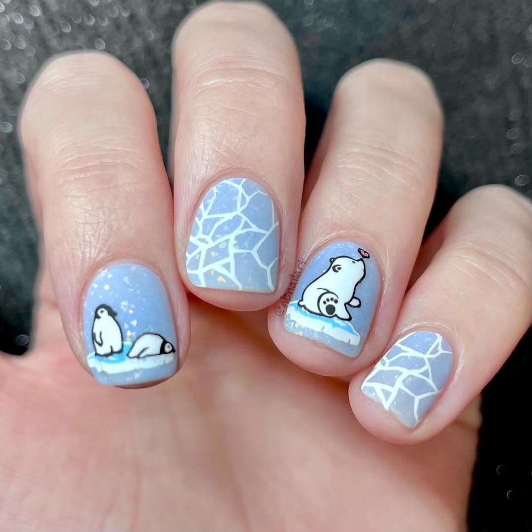 Matte Light Blue with Cute Animals — Cute Winter Nails