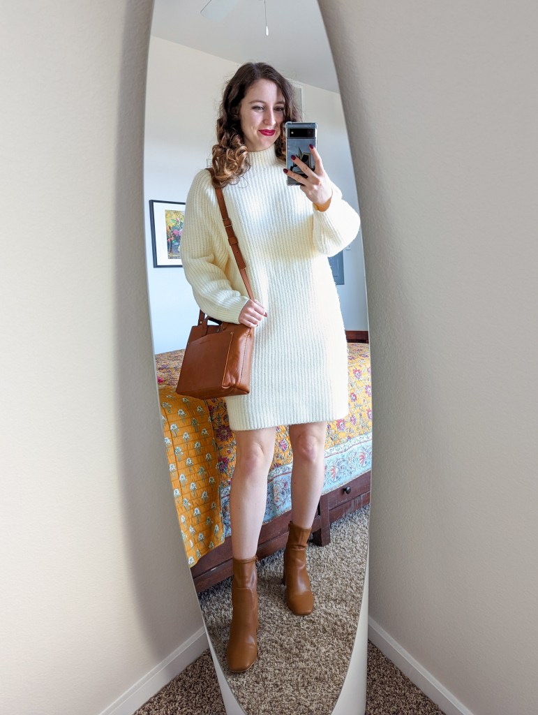 Cozy Cream Knit Sweater Dress with Brown Leather Boots Cozy Cream Knit Sweater Dress with Brown Leather Boots β Nashville Winter Outfits