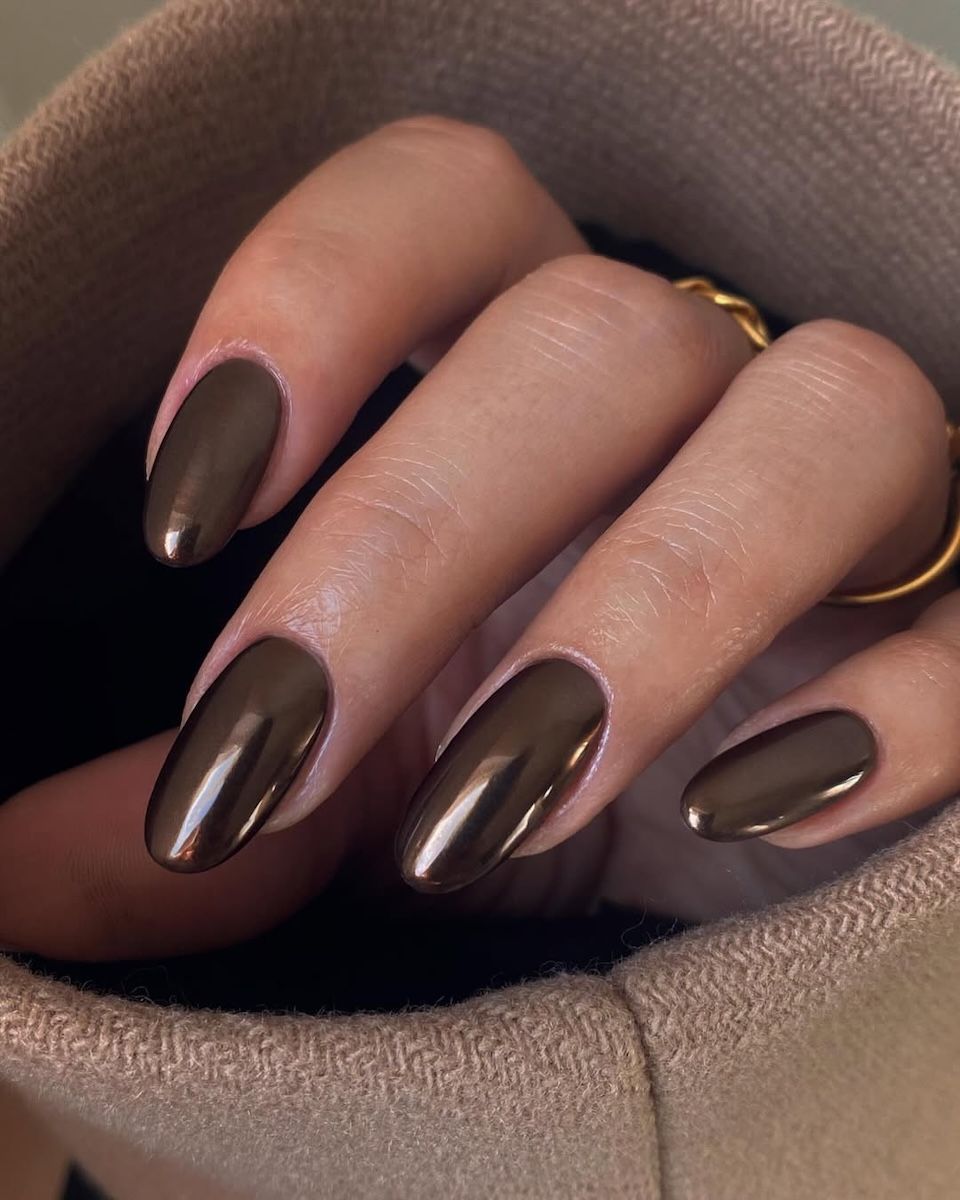 Deep Metallic Chrome Long Almond Nails — Chocolate Brown Nails