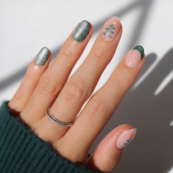 Sheer Pink & Green Glitter French Trees — Christmas Nail Designs 2026