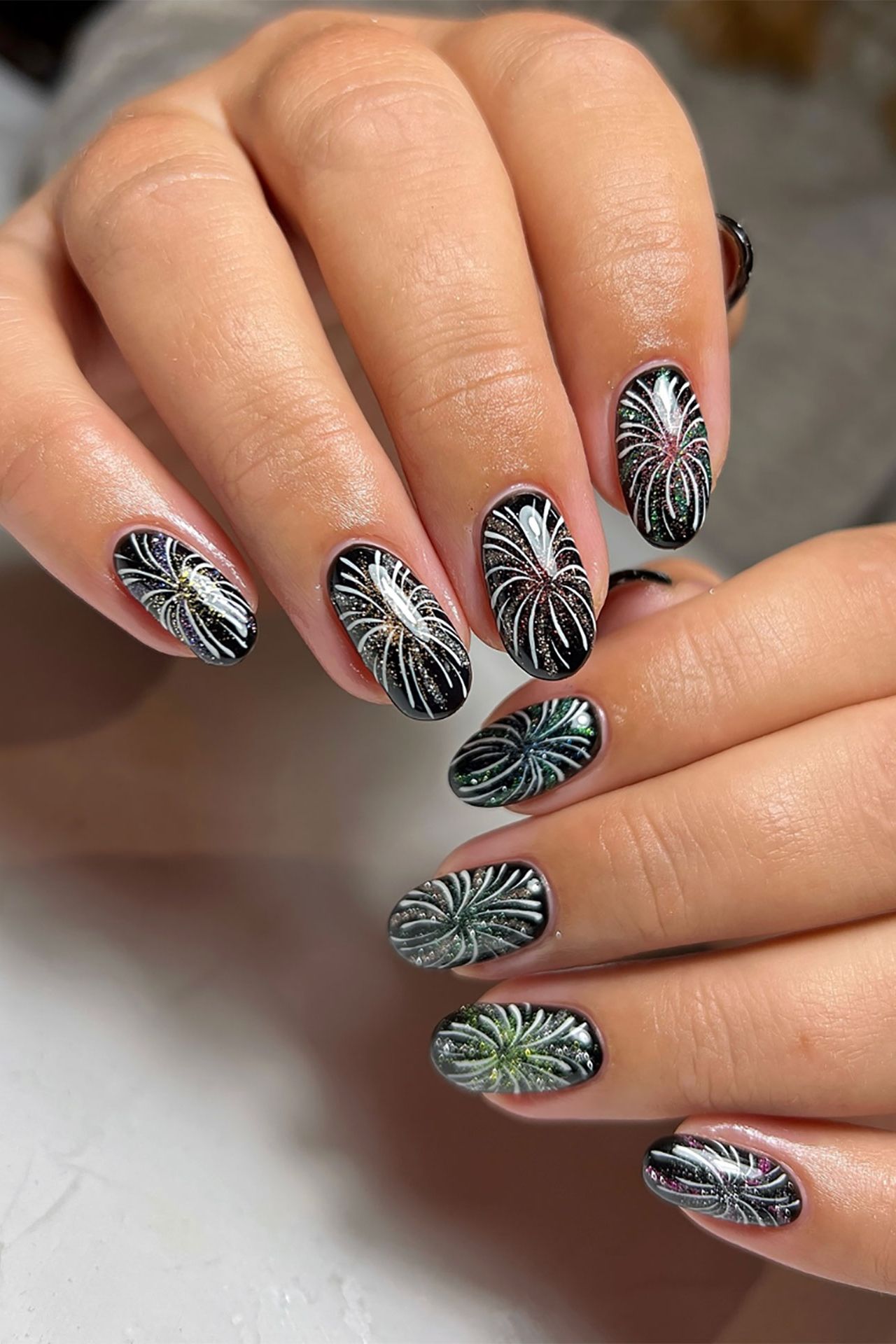 Holographic Firework Black Short Oval Nails — Winter Nail Colors for Women Over 60