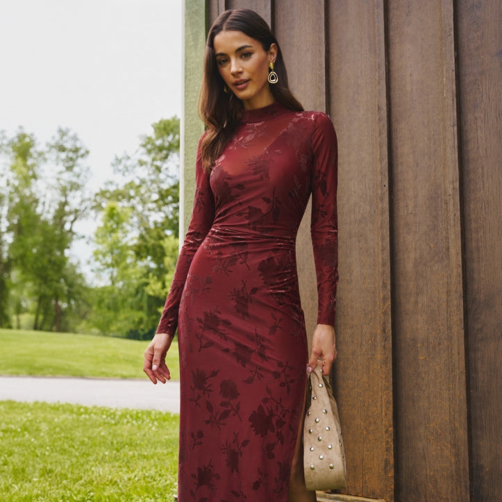 Burgundy Burnout Maxi Dress with Thigh-High Slit Burgundy Burnout Maxi Dress with Thigh-High Slit β Winter Date Night Outfits