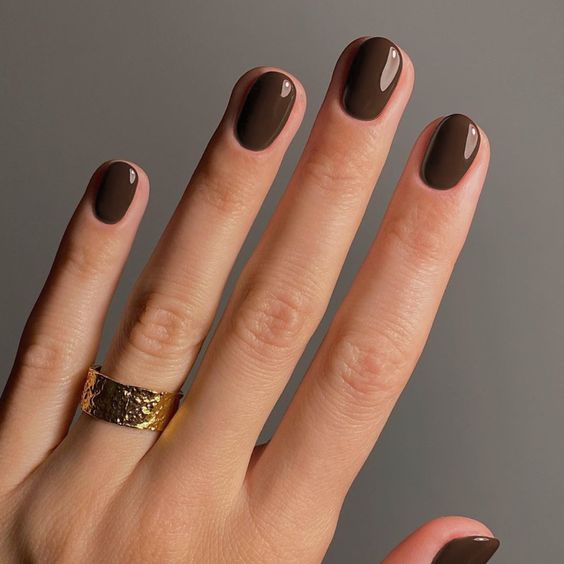 Deep Chocolate Brown Glossy Short Oval Nails — Short Winter Nails