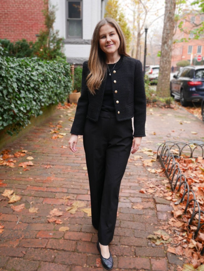 Cropped Tweed Jacket with Gold Accents for Work or Smart Casual — All Black Winter Outfits