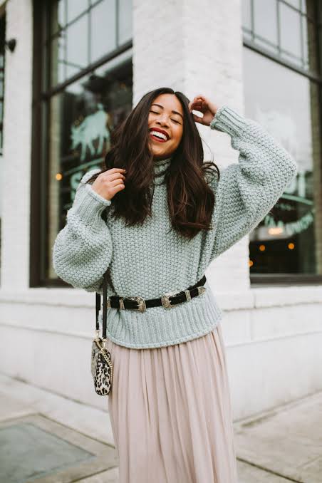 Chunky Knit Turtleneck with Pleated Skirt and Loafers — December Outfits