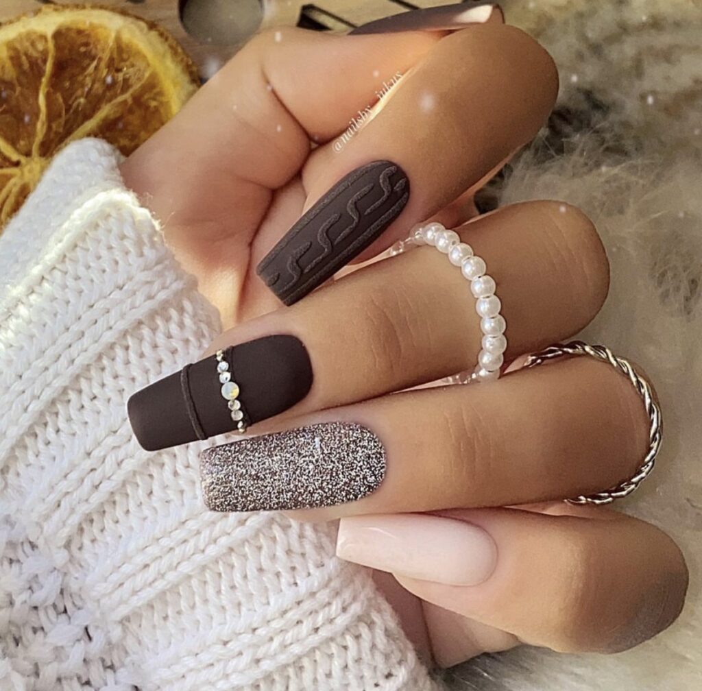 Matte Dark Brown Cable Knit Rhinestone Coffin Nails Matte Dark Brown Cable Knit Rhinestone Coffin Nails β Long Winter Coffin Nails