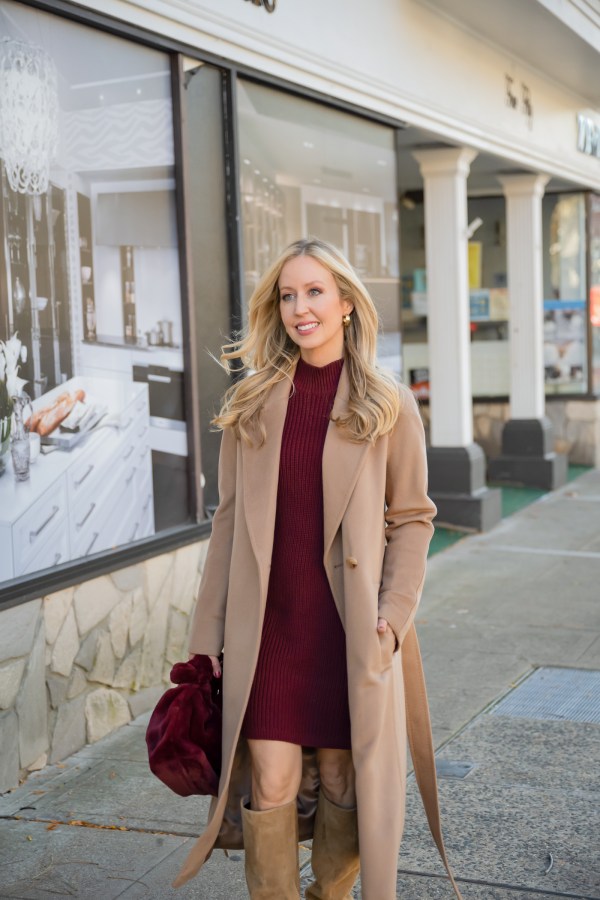 Long Camel Wool Coat Over Burgundy Knit Dress — Camel Coat Outfits