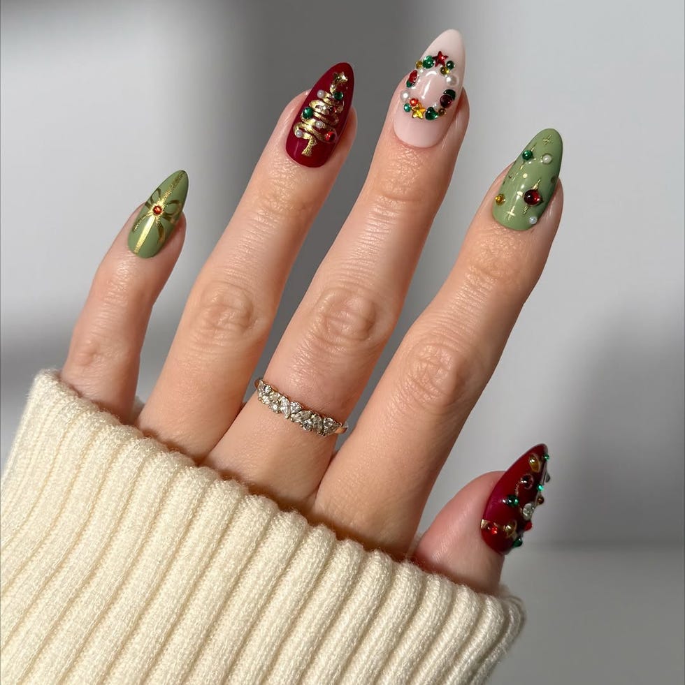 Long Almond Nails with Ornate Christmas Designs — Green Christmas Nails 2026