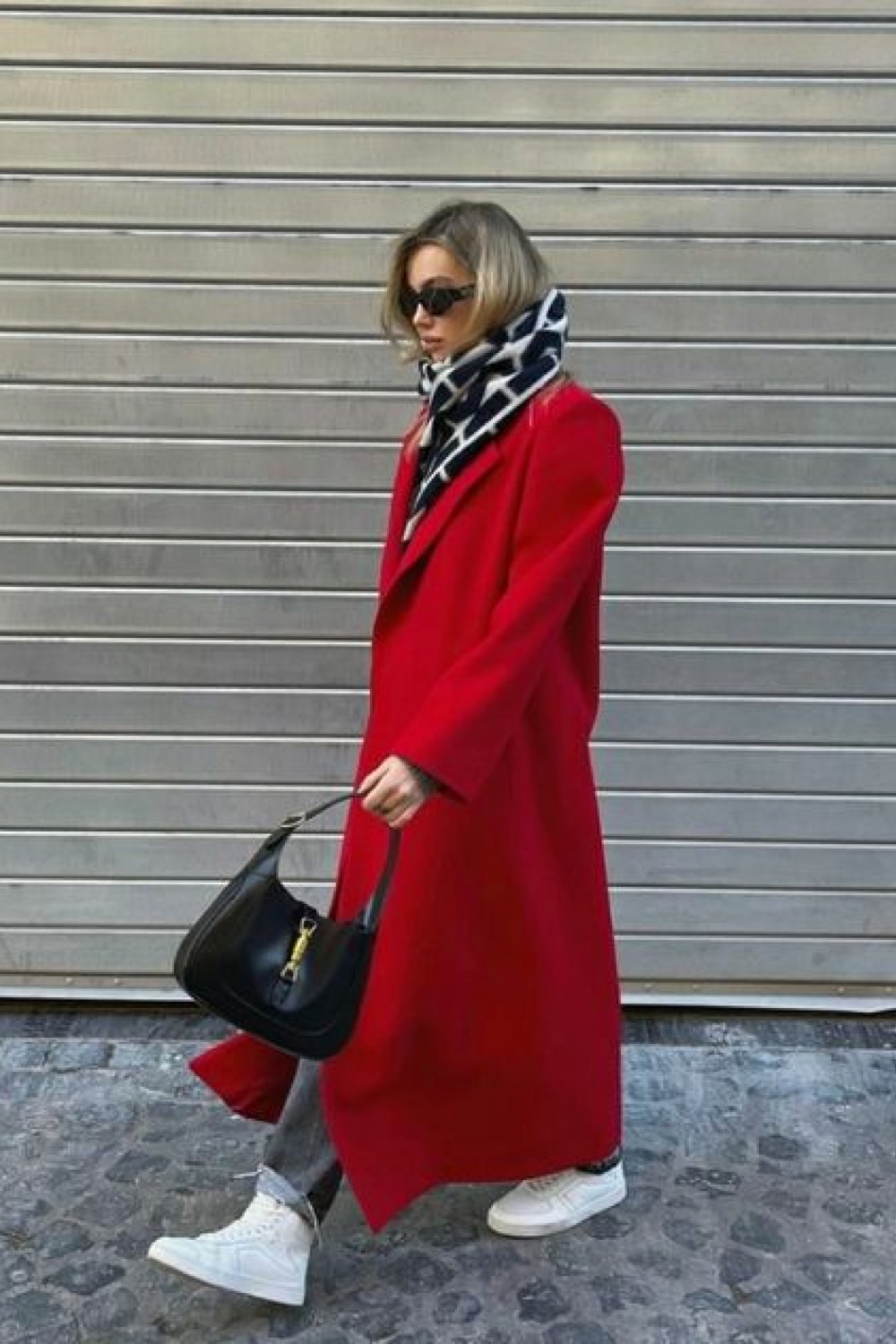 Vibrant Red Longline Wool Coat with Sneakers — Wool Coat Outfits