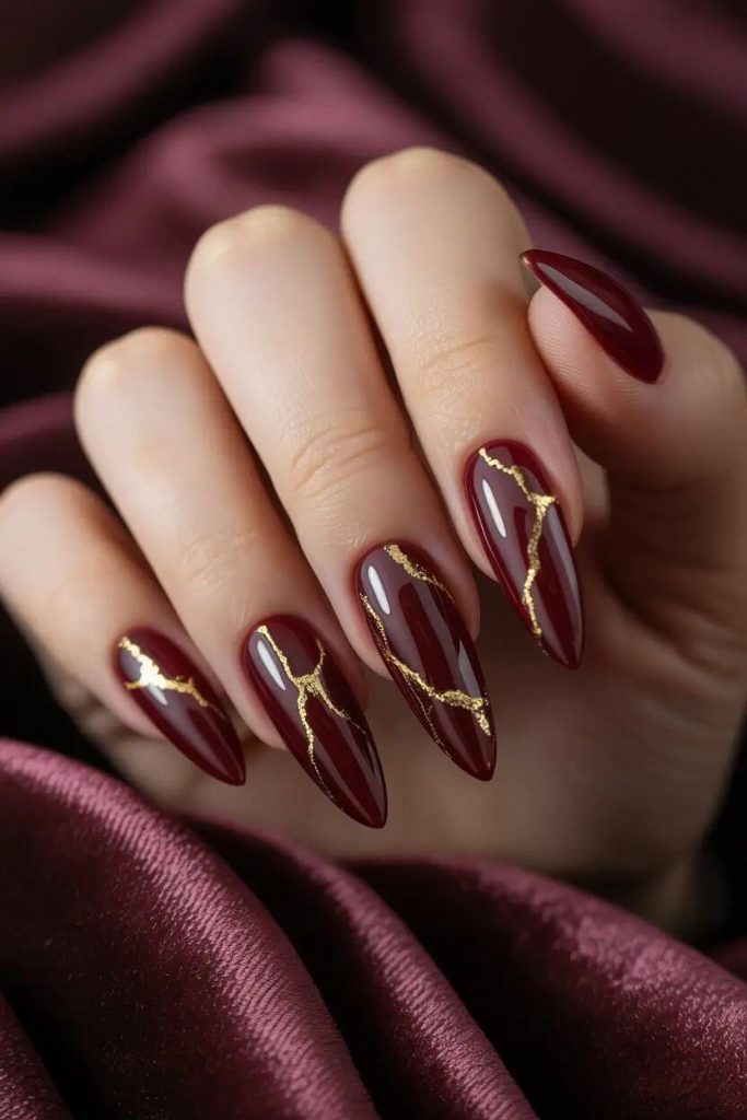 Long Stiletto Gold Crackle Deep Red Long Stiletto Gold Crackle Deep Red β New Years Nails 2027