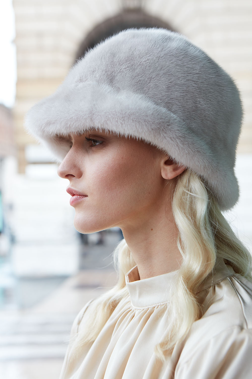 Elegant Grey Fur Hat with Satin Blouse — Fur Hat Outfits