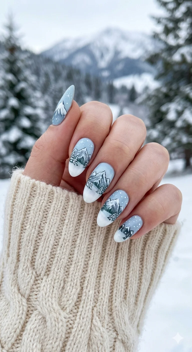 Medium Almond Matte Light Blue Landscape — Winter Nail Designs