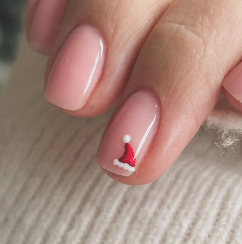 Sheer Pink with Mini Santa Hat — Winter Nails for Teens