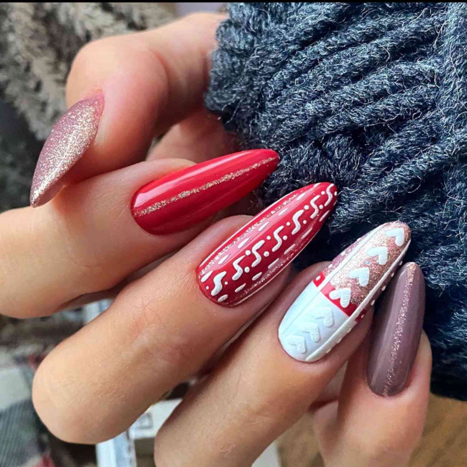 Long Almond Red White Glitter Knit — Sweater Nails