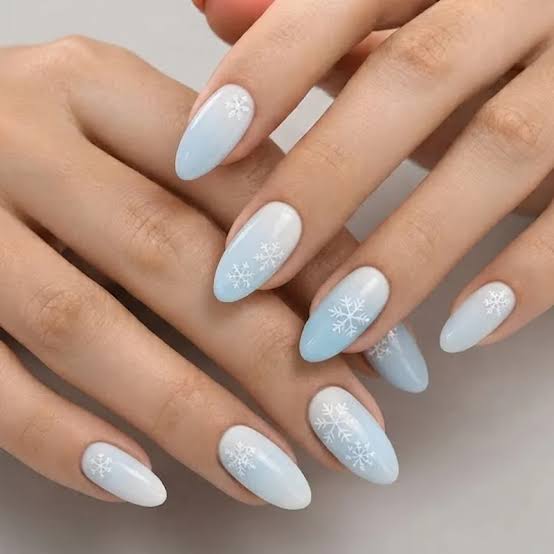 Light Blue White Gradient Snowflake Nails Light Blue White Gradient Snowflake Nails β Icy Blue Nails