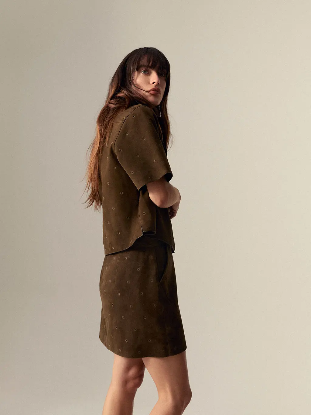 Embroidered Suede Mini Skirt with Matching Boxy Top — Leather Skirt Outfits