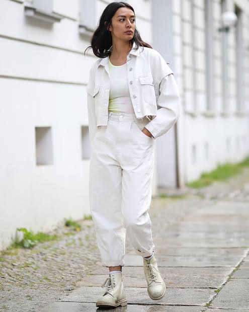 Casual White Denim Jacket and Relaxed Pants — Winter White Outfits