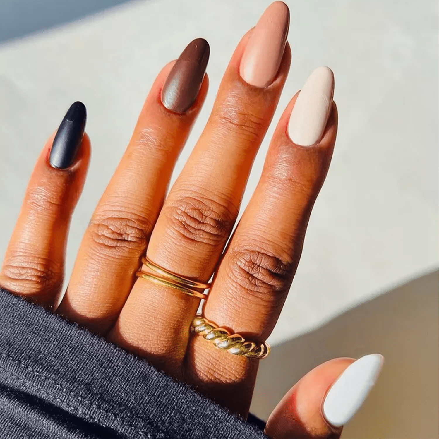 Matte & Metallic Fall Color Block Almonds — Fall to Winter Nails