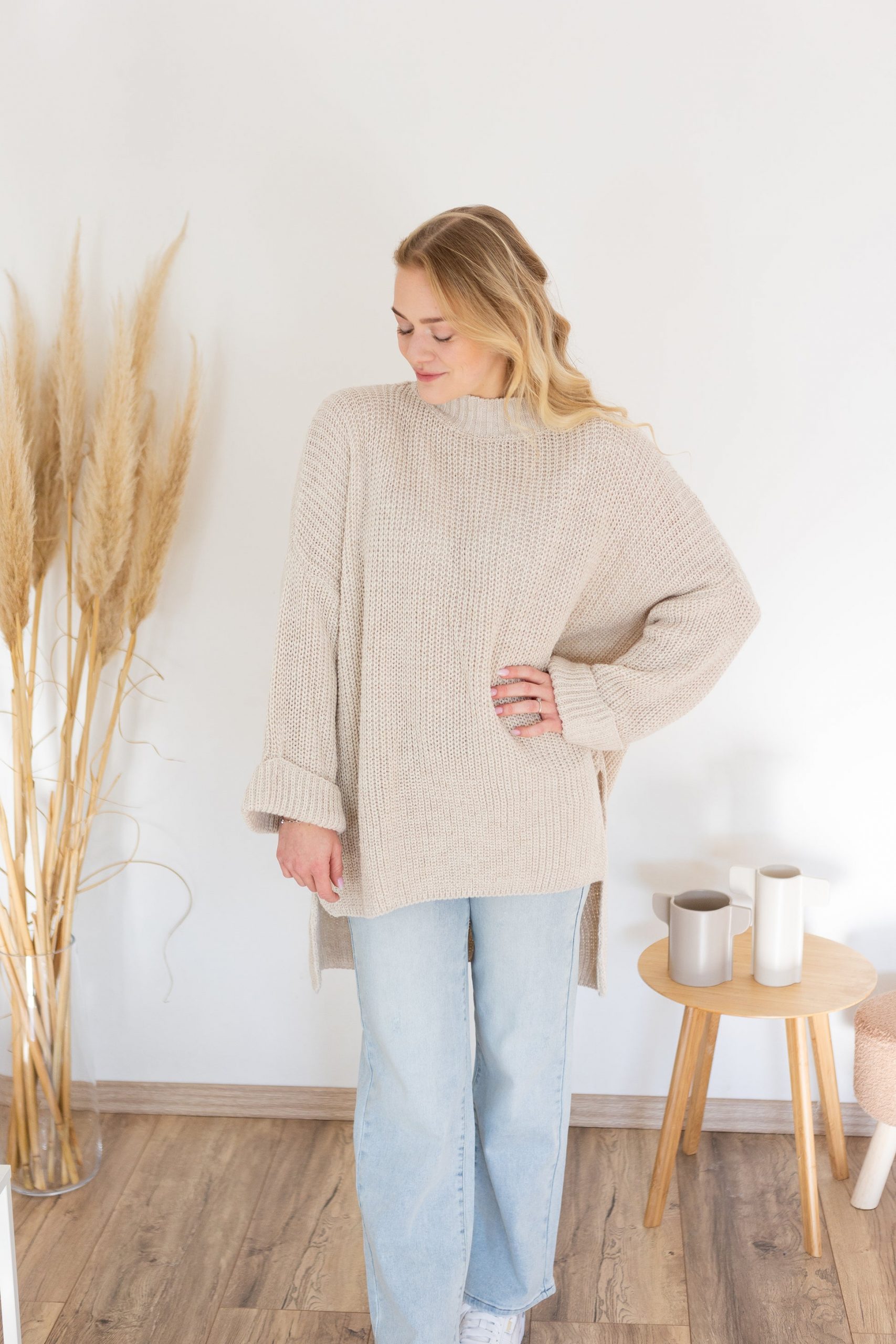 Beige Oversized Tunic Dress with Ring Accessory — Sweater Dress Outfits