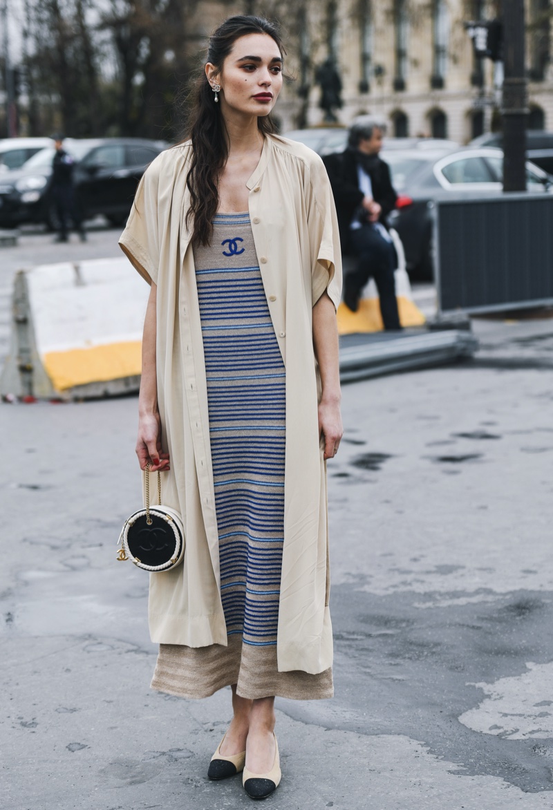 Beige Open-Front Cardigan with Striped Knit Dress — Cardigan Outfits