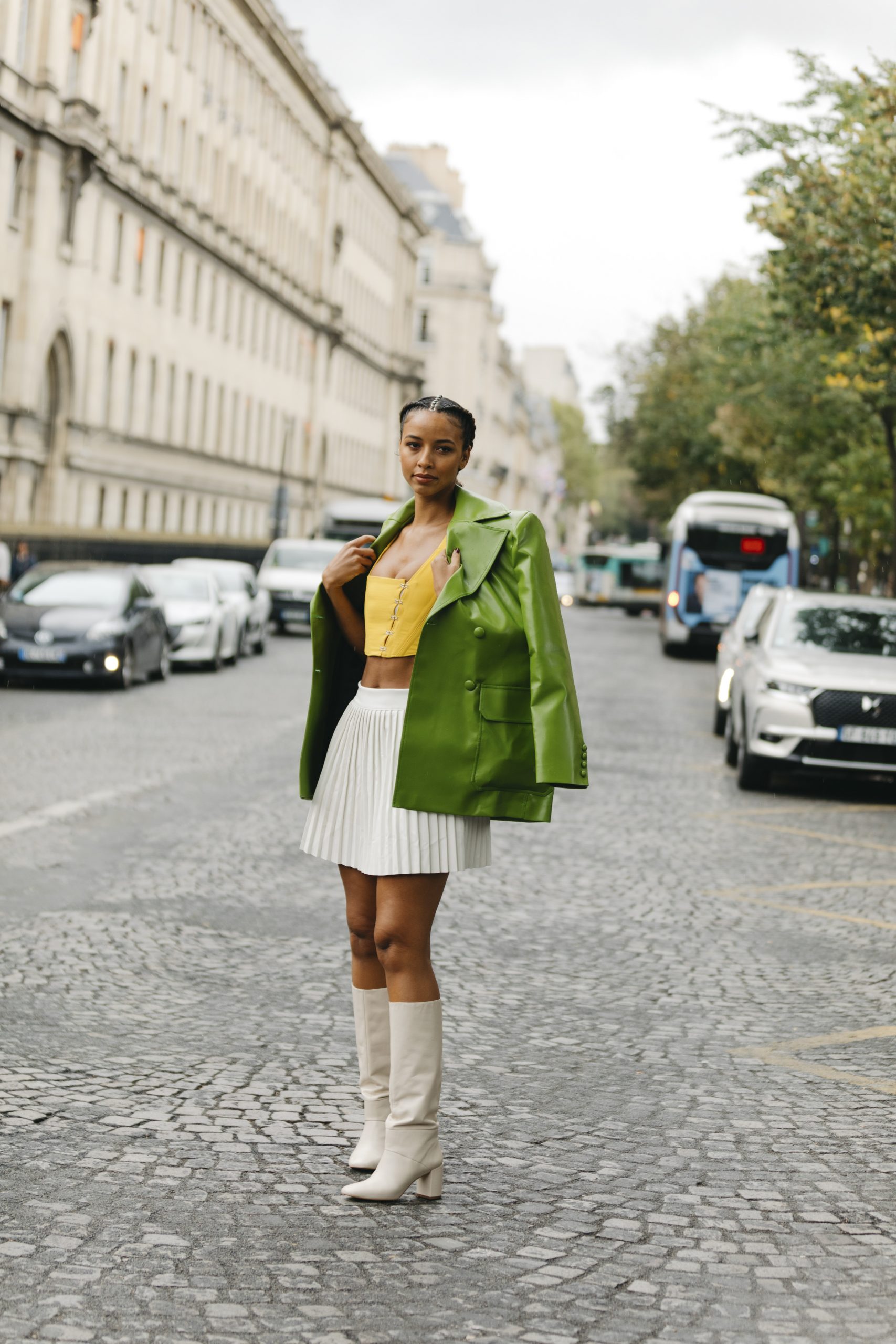Bold Color Play: Green Blazer, Yellow Top, and Cream Boots — Knee High Boots Outfits