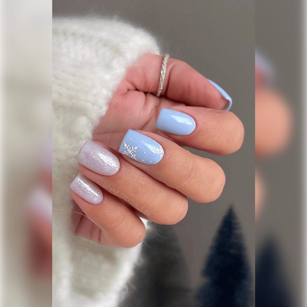 Snowflake Motif On Accent Nail Glitter Visual Idea — Classy Winter Nails