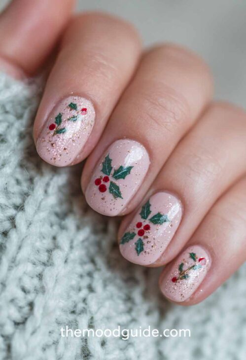 Glitter Holly Berry Short Oval Nails Glitter Holly Berry Short Oval Nails β Cute Christmas Nails 2026