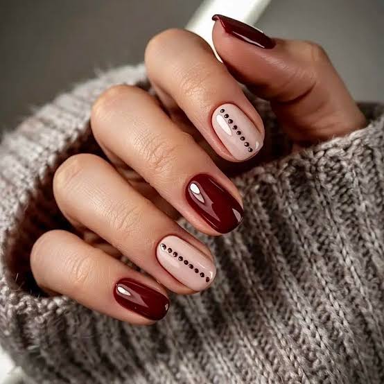 Burgundy and Pale Pink with Dot Accents Burgundy and Pale Pink with Dot Accents β Winter Nail Trends